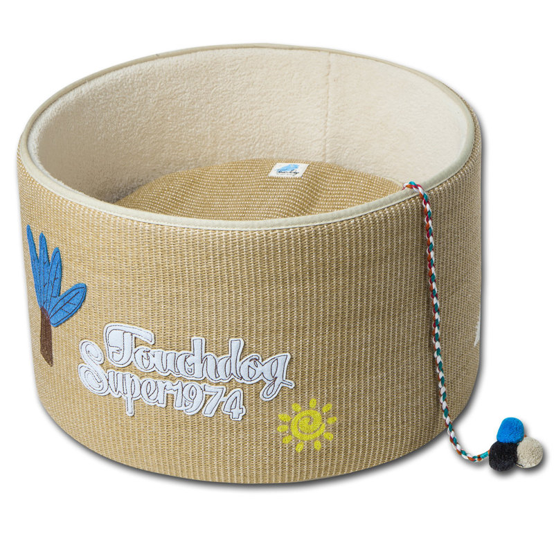 Touchcat 'Claw-ver Nest' Rounded Scratching Cat Bed w/ Teaser Toy, Khaki