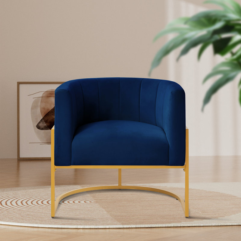 Fauteuil demi-tonneau en velours 28,25 po Vanjo, Velours bleu marine