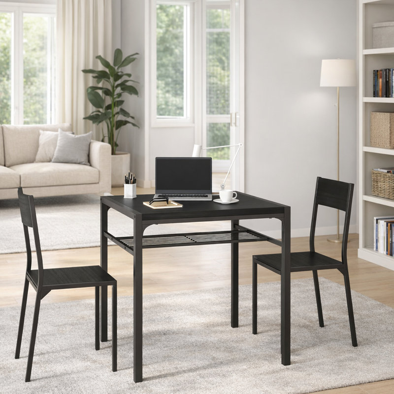 3-Piece Dining Table Set for 2 with Under-Table Storage Rack and Tuck-Under Chairs, Black, Black