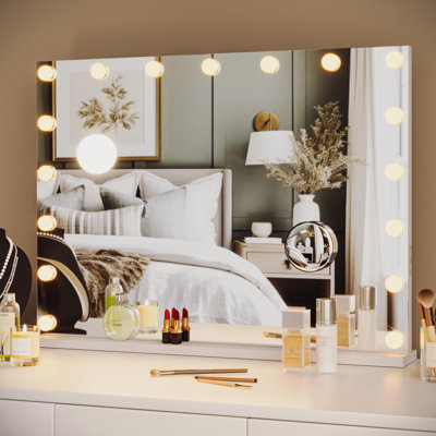 Vanity Mirror with Lights, 32 x 24 Metal Frame Makeup Mirror with 17 LED Bulbs, 3 Colors Modes, 3X Detachable Magnification and USB Charging Port, Touch Control, for Tabletop, Bedroom