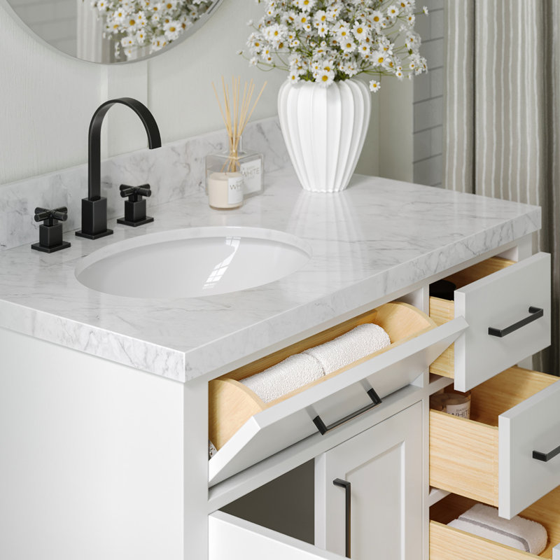 Meuble-lavabo simple en bois massif 36 po Tidworth avec plateau en marbre de Carrare 1,5 po, Gauche, Ovale, Blanc