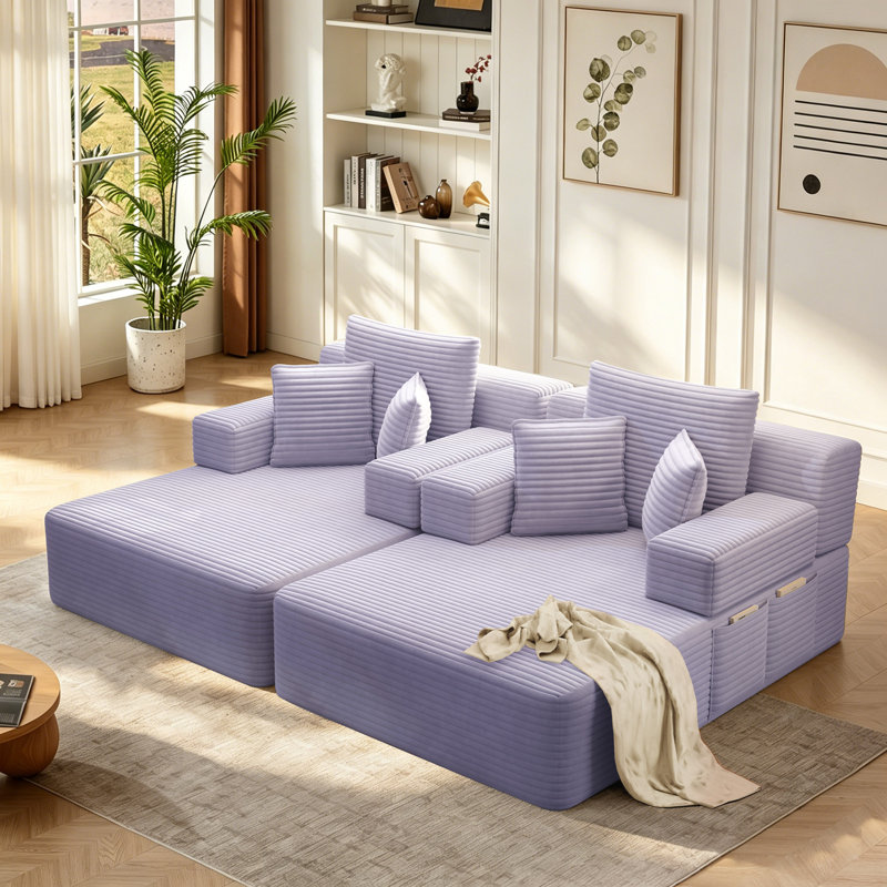 Ensemble de méridienne 2 pièces luxueux en velours côtelé, canapé-lit convertible 2 en 1 avec coussins et pochette de rangement