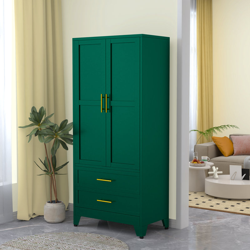 Green Metal Freestanding Wardrobe Armoire with Drawers and Hanging Rod