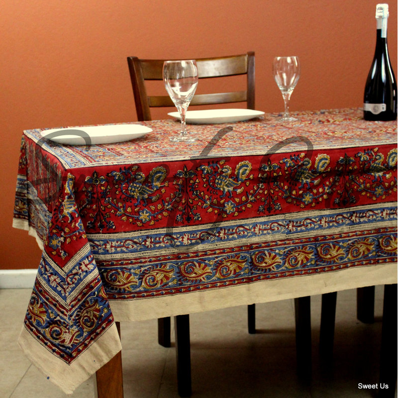 Cotton Vegetable Dye Hand Block Print Tablecloth Rectangle Green Gold Beige, 104" L x 88" W, Red