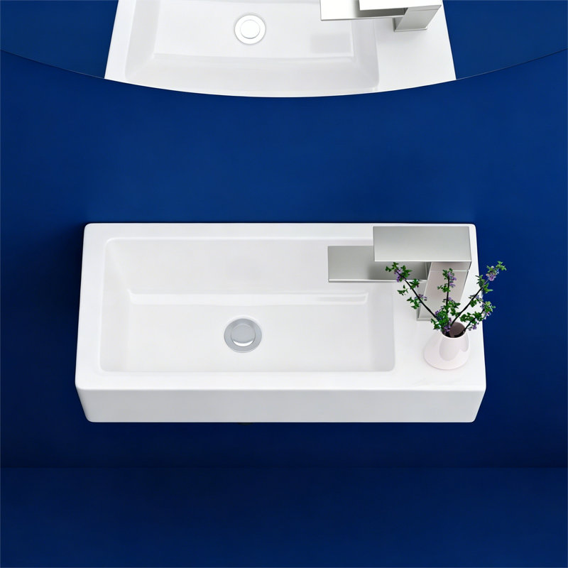 Topcraft White Ceramic Wall-Mounted Rectangular Bathroom Sink With Faucet Holes, 14.57 X 7.28 Inches