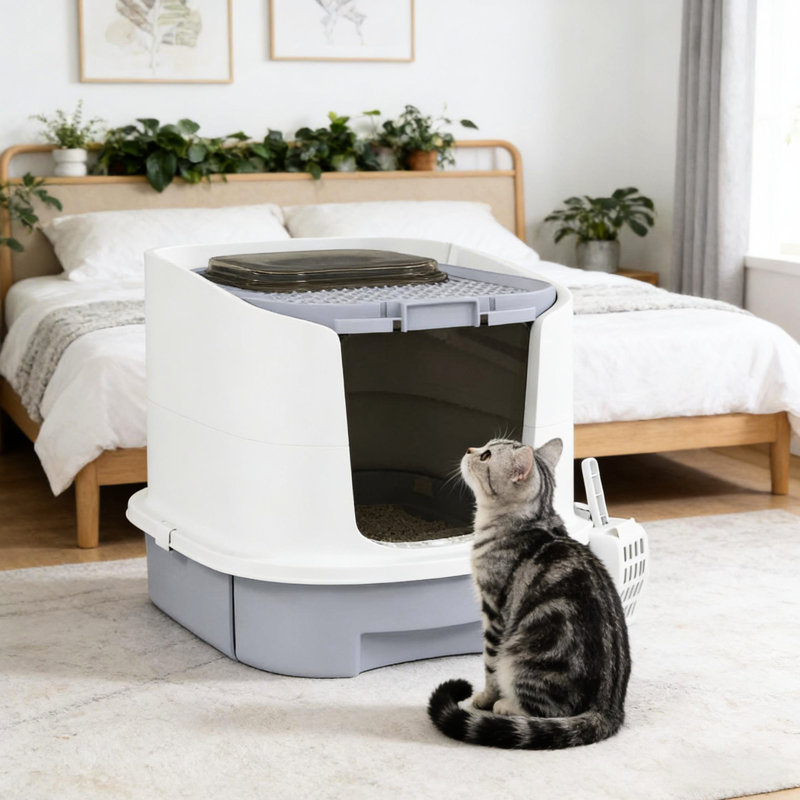 Bac à litière pour chat de moins de 10 lb, entrée bidirectionnelle, sortie supérieure, noir, l 15,9 po x P 20,7 po, H 16,7 po, facile à nettoyer, avec sacs de désodorisation, noir et blanc