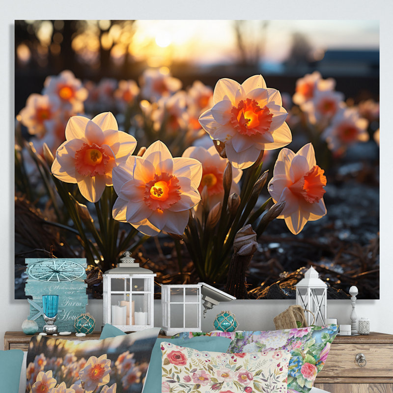 Daffodils Field Sunrise IV - Floral Wall Art Living Room, H 34 po x l 44 po x P 1,5 po, Toile tendue