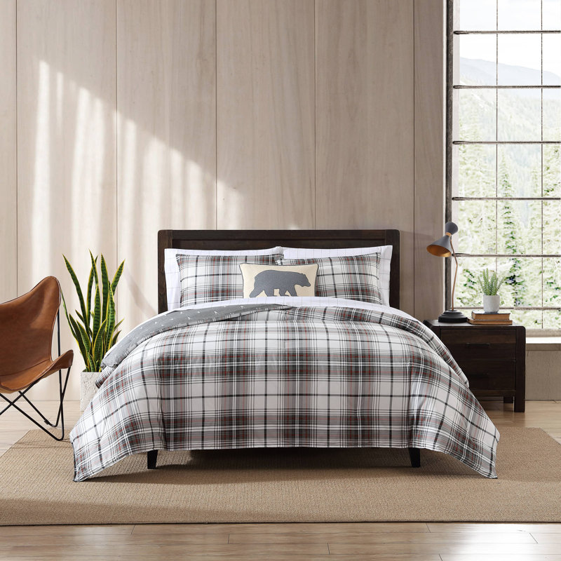Full Gray Cotton Reversible Plaid Comforter Set