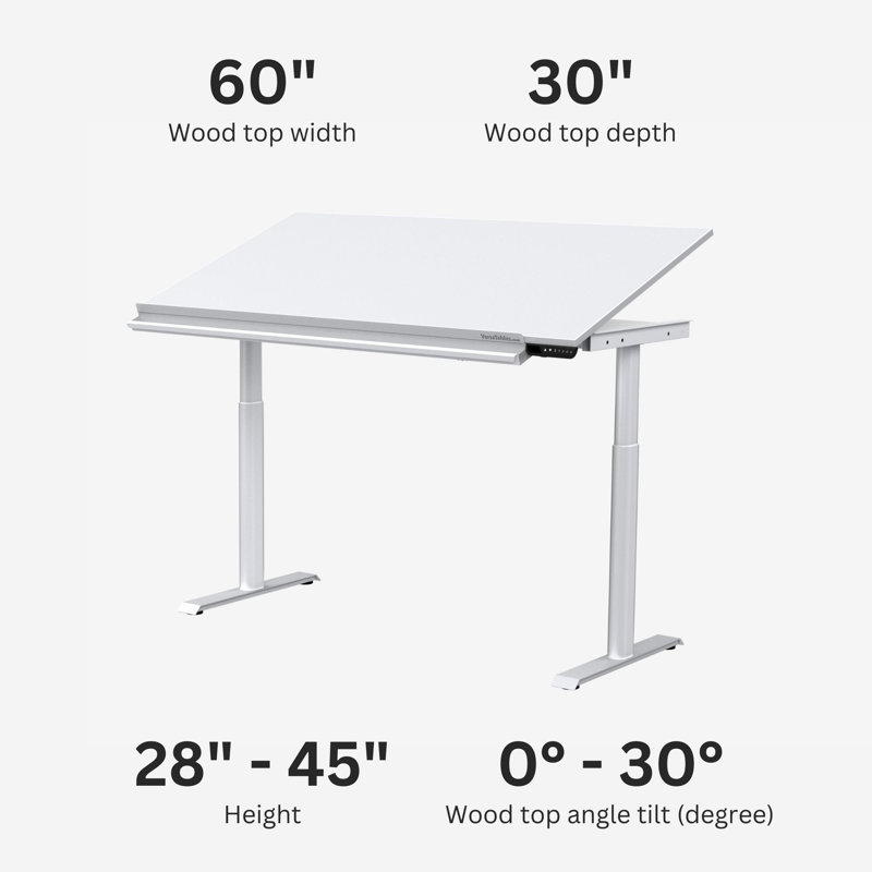 60" Electric Height Adjustable Drafting Table with Tilt-Adjustable Top & Smart App, White, 28.5" H x 60" W x 30" D, White