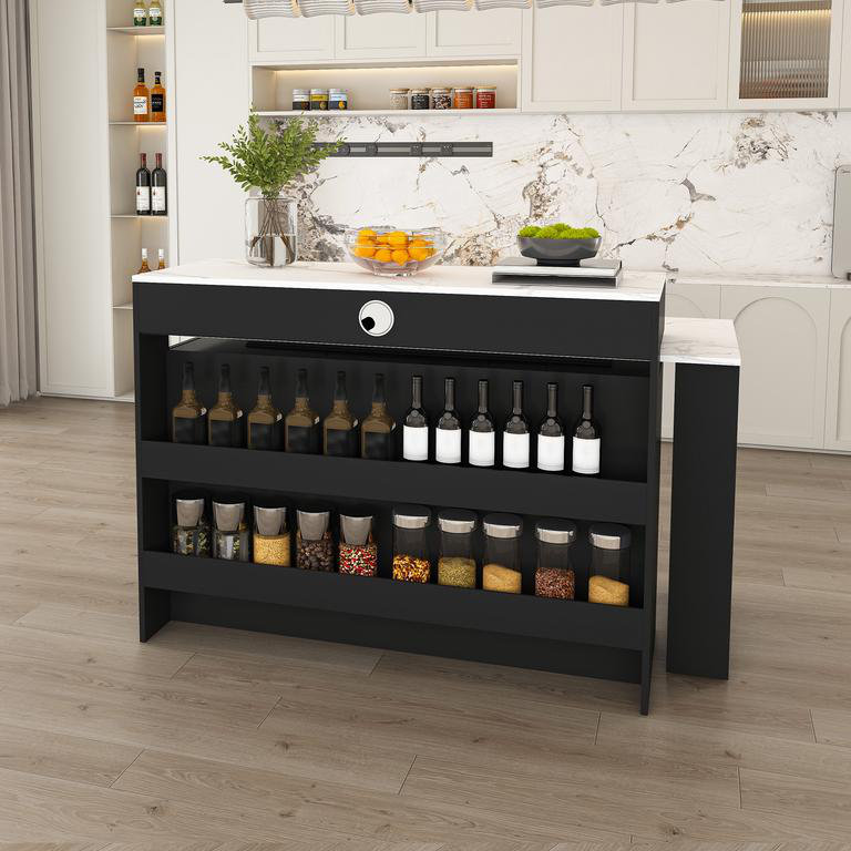 Kitchen Island with Extendable & Rotating Table, MDF with Marble Veneer Retro Design, 4 Drawers & Glass Door Cabinets with Built-in Socket, Expandable Dining Station for 2-4 Person