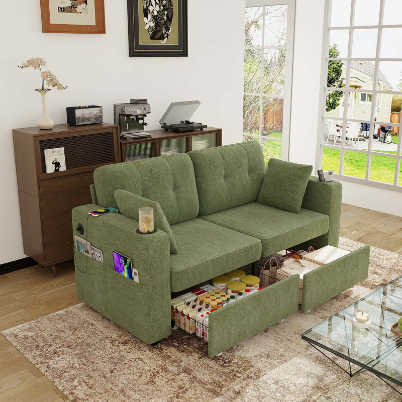 Canapé modulaire moderne en chenille avec chargement USB et rangement intelligent, Chenille olive