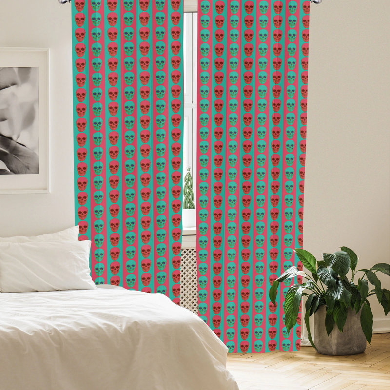 Jade Green and Magenta Skull Pattern Rod Pocket Curtains, 28" x 84"