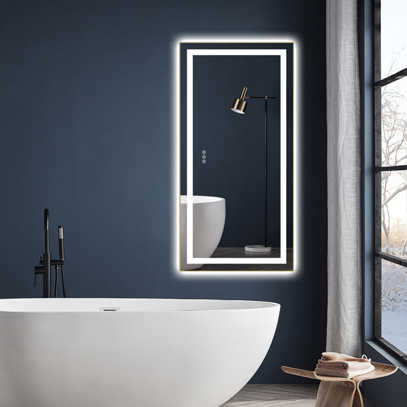 Miroir de meuble-lavabo avant et rétroéclairé à cadre en aluminium, antibuée / gradation continue / 3 couleurs réglables