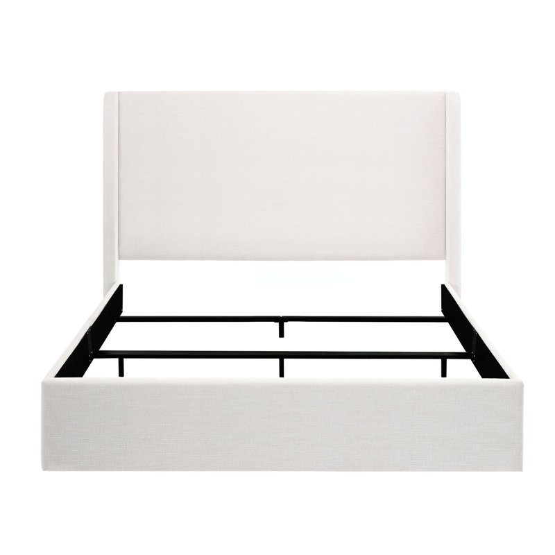 Très grand lit avec tête de lit à oreilles de 52,3 po de style élégant et contemporain, revêtement en toile, base en métal, assemblage simple, cadre tapissier requis par le sommier, look moderne luxueux,