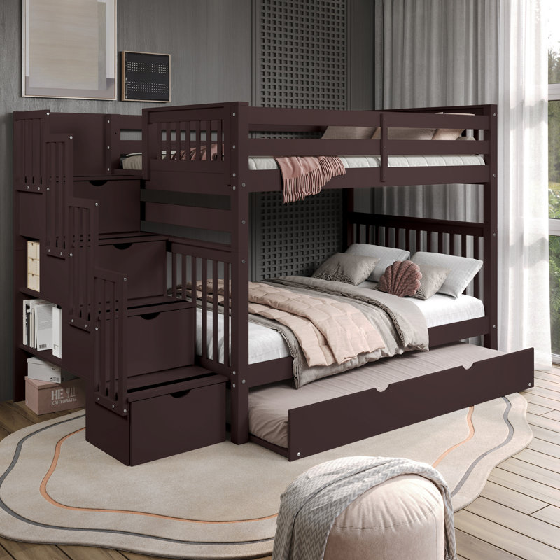 Tena Solid Wood Standard Stairway Bunk Beds Full over Full, 4 Drawers in the Steps, Twin Trundle, Dark Cherry, Dark Cherry