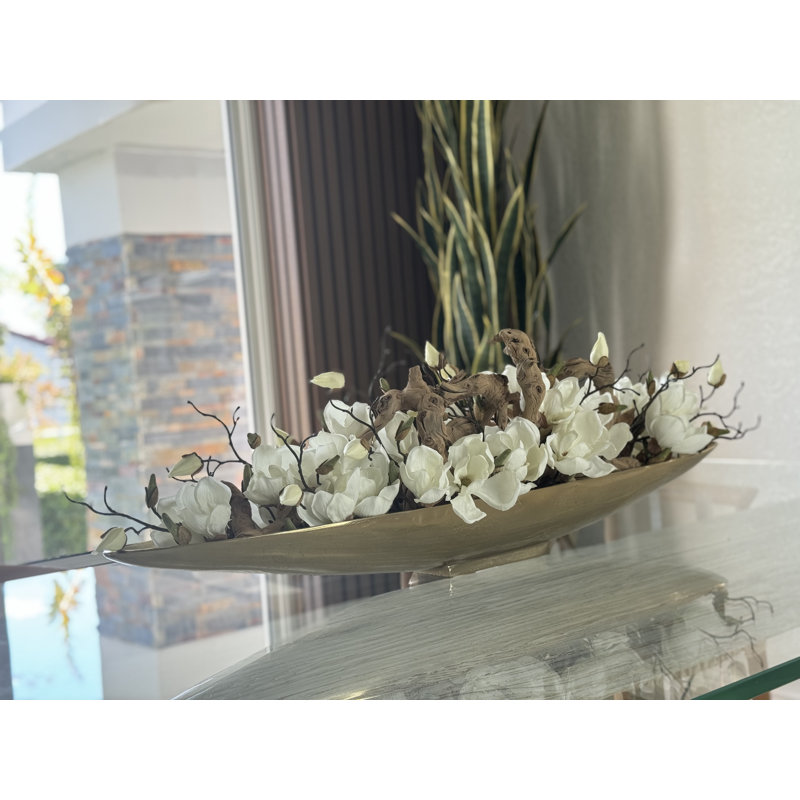 Driftwood and Denver Boat Magnolia Centerpiece, 8" H x 40" W x 5" D, Gold
