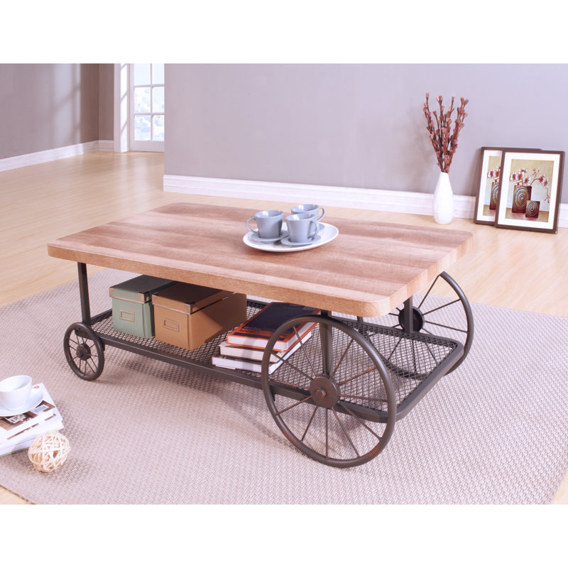 Table basse Warm - finition chêne et gris antique, roues rectangulaires en métal
