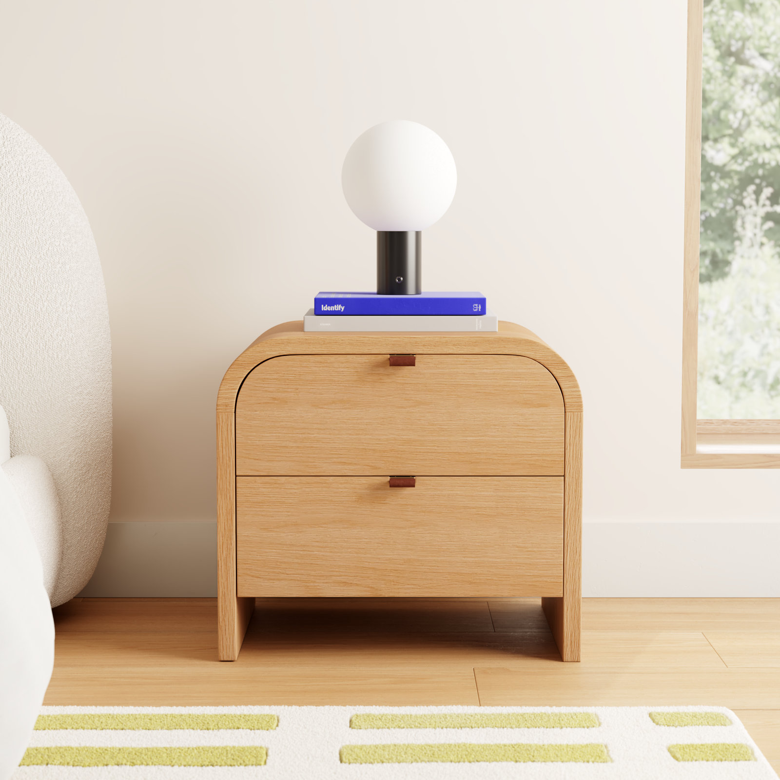 Icaria Oak Nightstand with Leather Drawer Pulls
