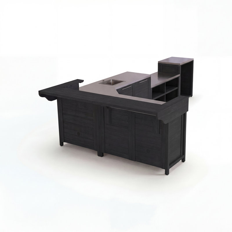 Ensemble de cuisine extérieure en cèdre en forme de U, 6 pièces, avec évier, espace barbecue, rangement et bar, noir, Noir