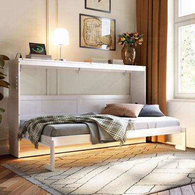Twin-Size Modern Side-Folding Murphy Bed With Trendy Printed Pattern, LED Under-Bed Lighting & Built-In USB Outlet – Space-Saving Design