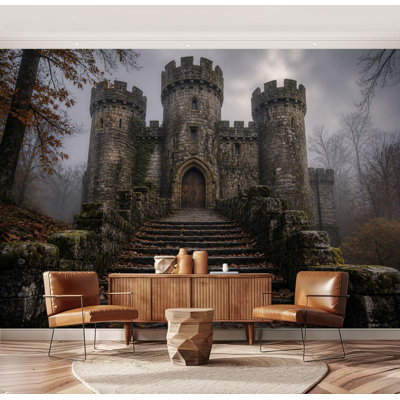 Wall Mural Peel and Stick Medieval Stone Castle Foggy Atmospheric Forest Backdrop Large Wallpaper Self-Adhesive Removable Contact Paper Wall Decor for Living Room Bedroom Nursery 69"H x 96"W