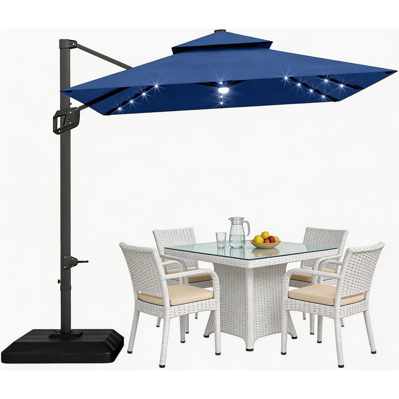 10x10Ft Square Solar LED Cantilever Umbrella , with Weighted Base, Navy
