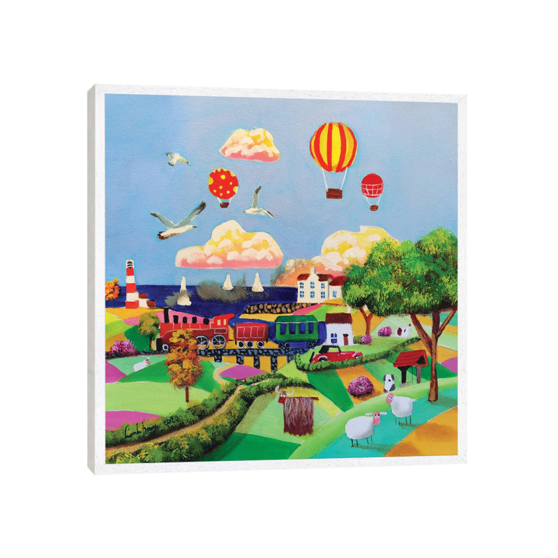 Red Steam Train by Gordon Bruce - Painting on Canvas, White Framed, 45.72 cm H x 45.72 cm W