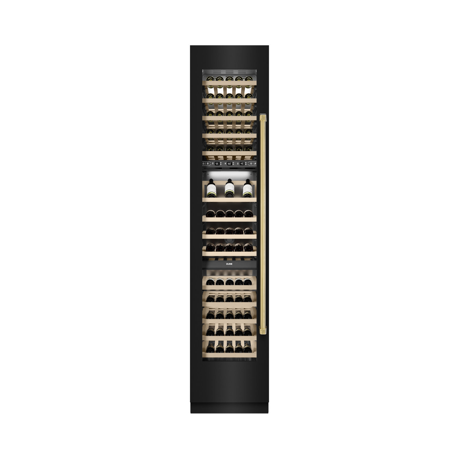 ZLINE Autograph 18 in. 9.0 cu. ft. Triple Zone 68 Bottle Hinge Column Wine Cooler in Black Stainless Steel with Accents | Fridge.com