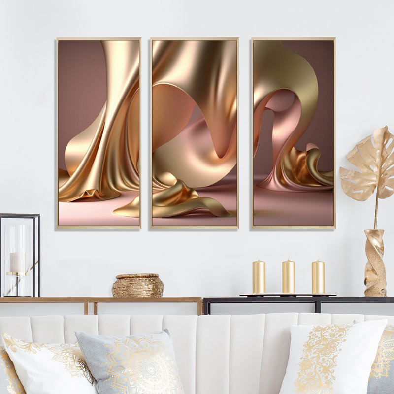 Or liquide lisse dans de douces nuances d'or et de taupe I - reproduction de 3 pièces sur toile, H 20 po x l 36 po