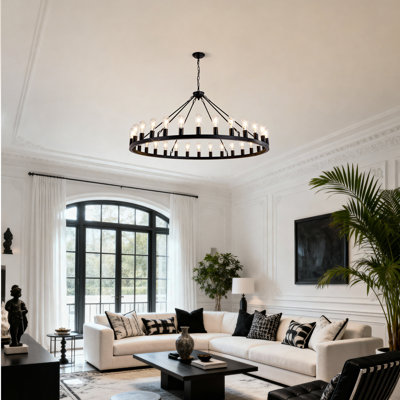 64" 30-Light Black Farmhouse Wagon Wheel Chandelier