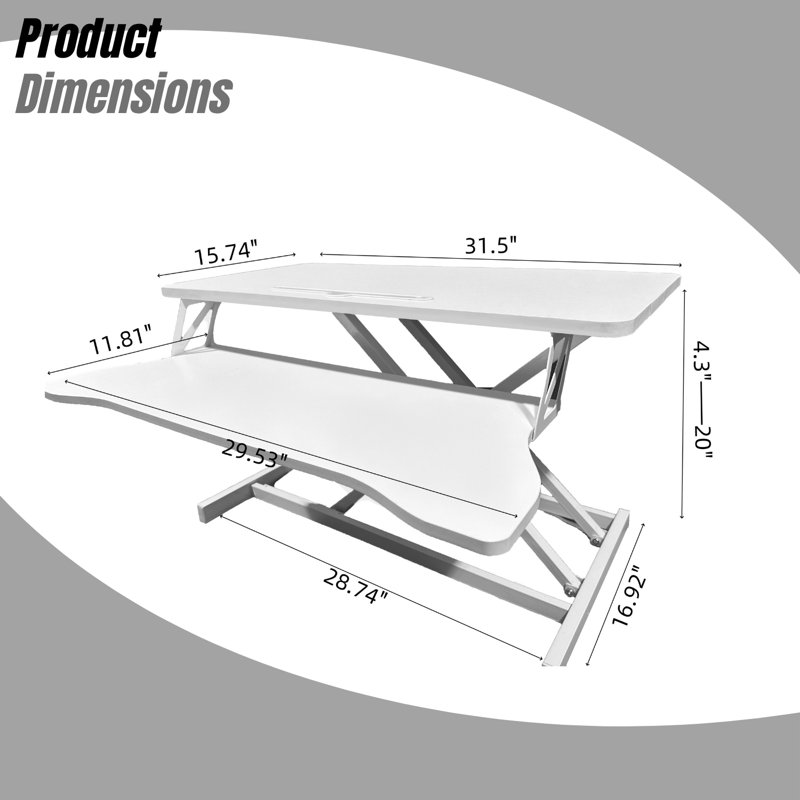 Convertisseur de bureau 32 po - Support à hauteur ajustable, poste de travail pour ordinateur portable à deux écrans, plateau de clavier large, blanc