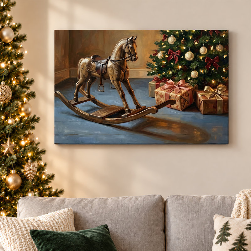 " Vintage Rocking Horse Beside Tree Christmas " Painting, H 20 po x l 30 po