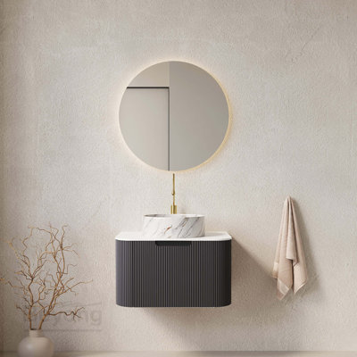 Meuble-lavabo de salle de bain 24 po avec lavabo, meuble de rangement mural rayé à bords arrondis avec tiroir, lavabo rond en céramique blanc avec motif de pierre, pré-assemblé, couleur noire