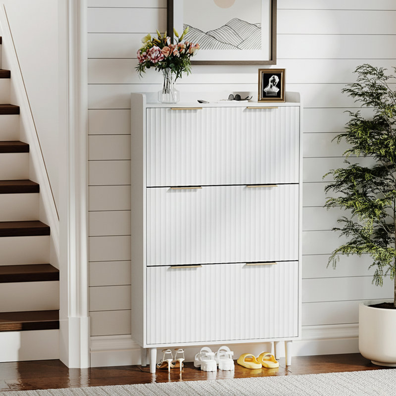 31.6 Inch 3 Flip Drawer Shoe Cabinet With Grid Panel, White