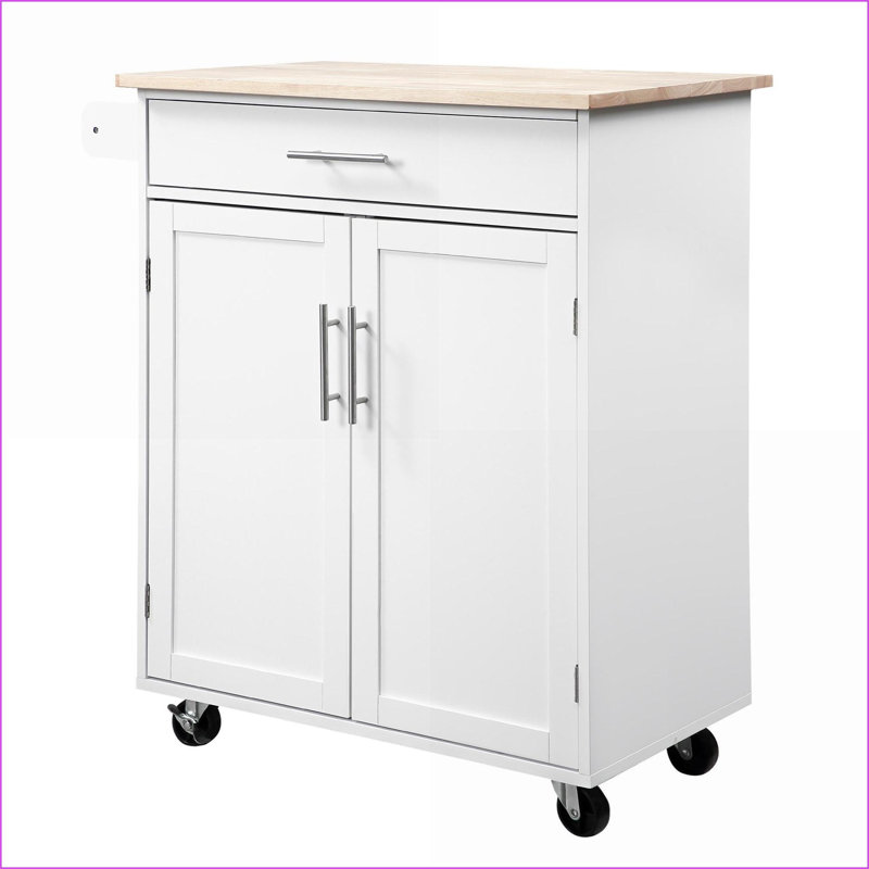 Îlot de cuisine avec chariot, tiroir et armoire Porte-serviettes, blanc neige | Bois d'hévéa, Blanc