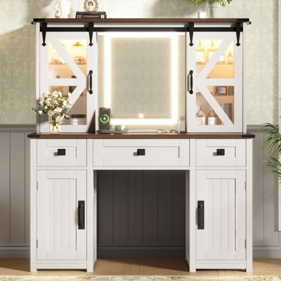 (Tabouret non inclus) 43,3 po, coiffeuse de maquillage avec miroir éclairé, coiffeuse avec station de charge, coiffeuse avec portes coulissantes de grange, 3 tiroirs et 4 armoires, beige 