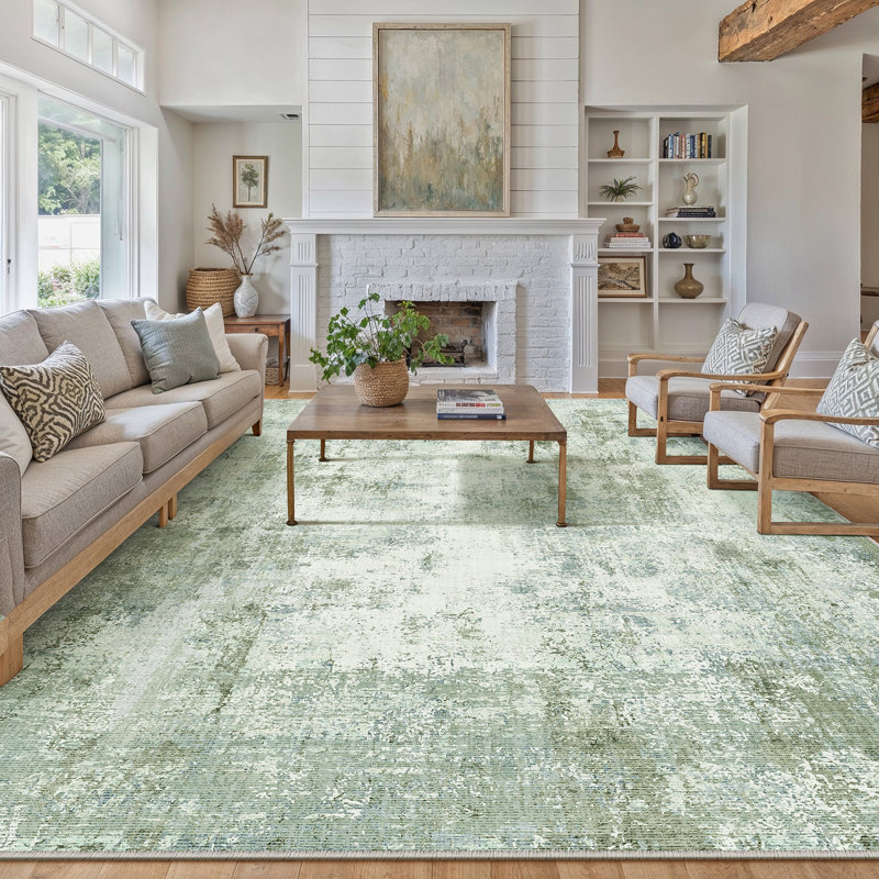 Tapis moderne lavable abstrait vert clair, Vert clair, Rectangle 9 pi x 12 pi