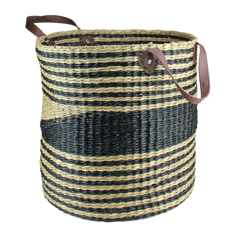 Panier en algues tissées beige et noir 15 po avec poignées