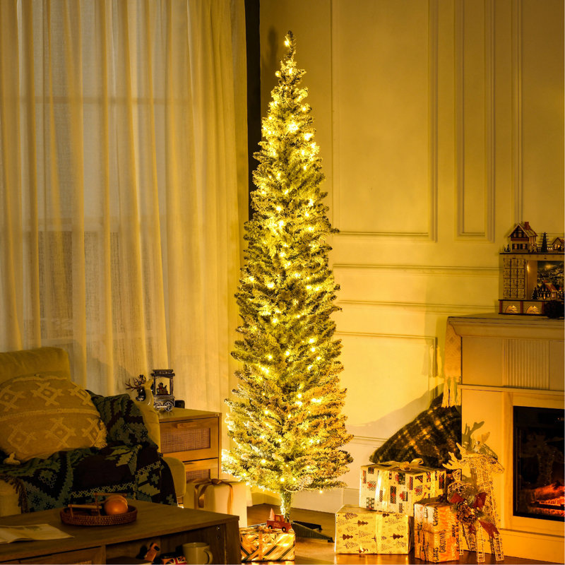 Sapin de Noël artificiel mince de 7 pi de hauteur avec 210 lumières DEL blanc chaud et 499 pointes, pour décoration de Noël, vert