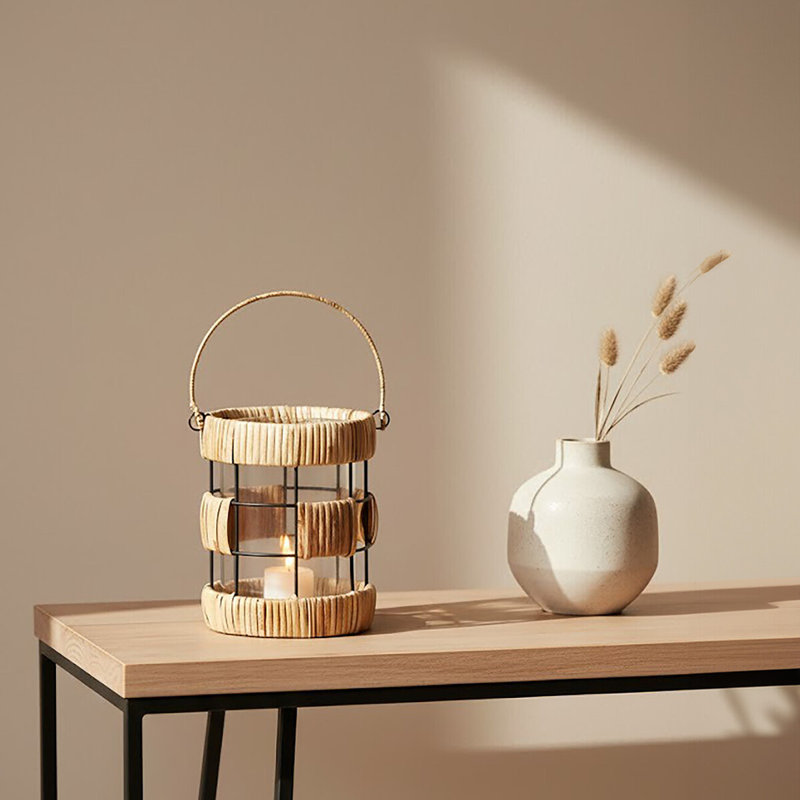 Wicker Tabletop Lantern, Natural/Black, 15cm H x 12cm W x 12cm D