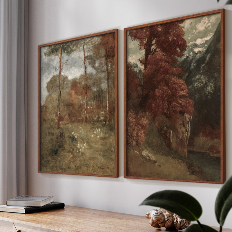 «Vintage Landscape XXV», impression giclée sur cadre - ensemble de 2, Noyer, H 23 po x l 58 po