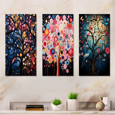 Fantasy Floral Pink And Blue Tree I - Tree African Metal Wall Art Set Of 3