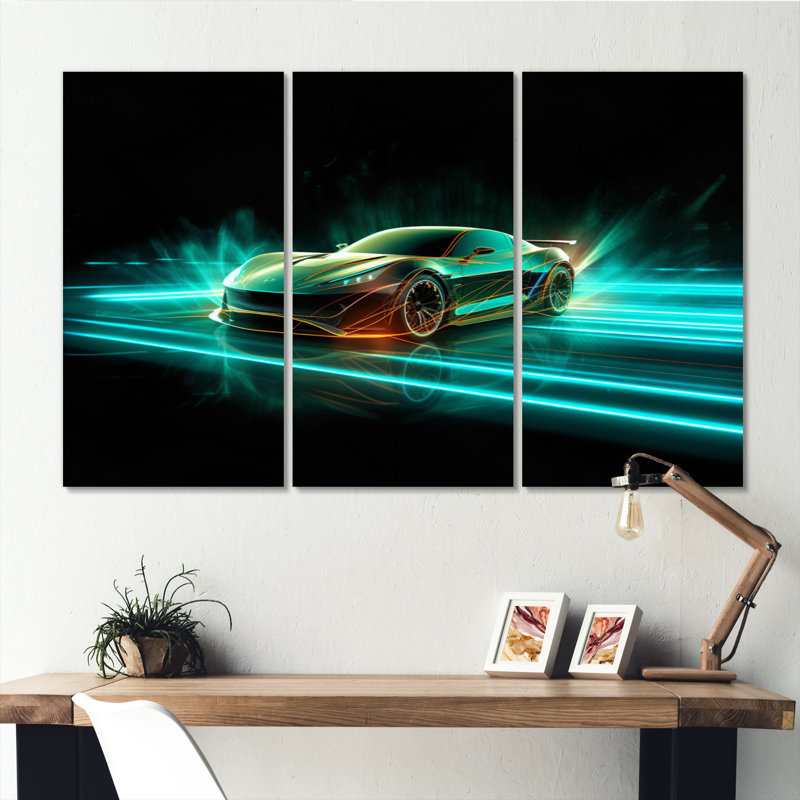 Teal Neon Exotic Car III Transportation Wall Decor on Metal