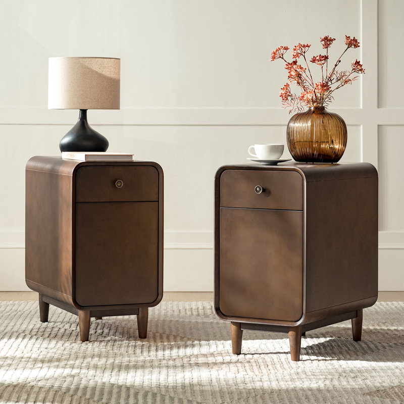 Elmaz MCM Solid Wood 1-Drawer And Legs End Table With Backside Magazine Rack Set of 2, Walnut