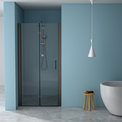 Porte de douche pliante l 34 po x H 72 po avec verre trempé, noir mat - conception bi, écran d'eau transparente de 1/4 po d'épaisseur, composants en acier inoxydable de haute qualité, installation réversible, rotation à chevauchement de 180 po