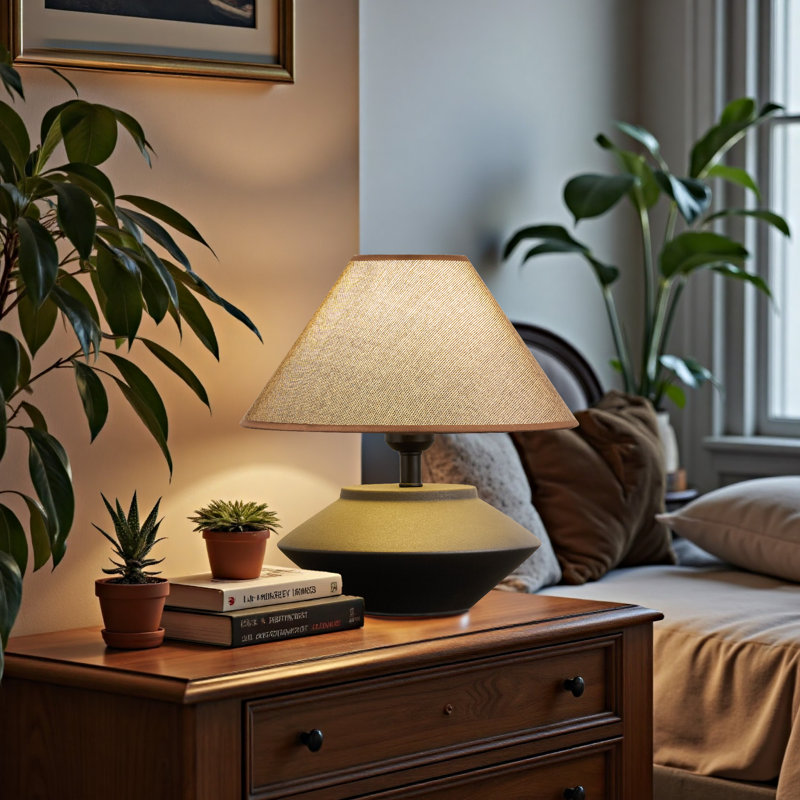 Futuristic Ufo Ceramic Table Lamp – Black Handmade With Linen Shade For Bedroom, Living Room & Bedside
