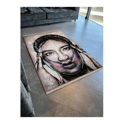 Machine Washable Light Tone Motif Surreal Design Abstract Ethnic Portrait Patterned Vintage Decorative Rug
