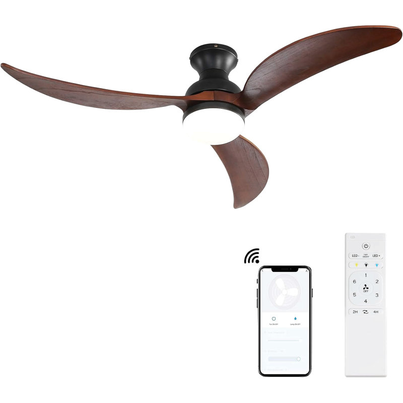 Ventilateur de plafond moderne de 52 pouces avec 3 pales en bois massif à intensité variable et télécommande, Noir, Noir