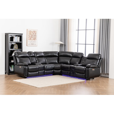 Sectional 3-Piece 197”Recliner Sofa Set For Living Room Bluetooth Three Speaker ,Led Lighting And Cup Holders by Brayden Studio