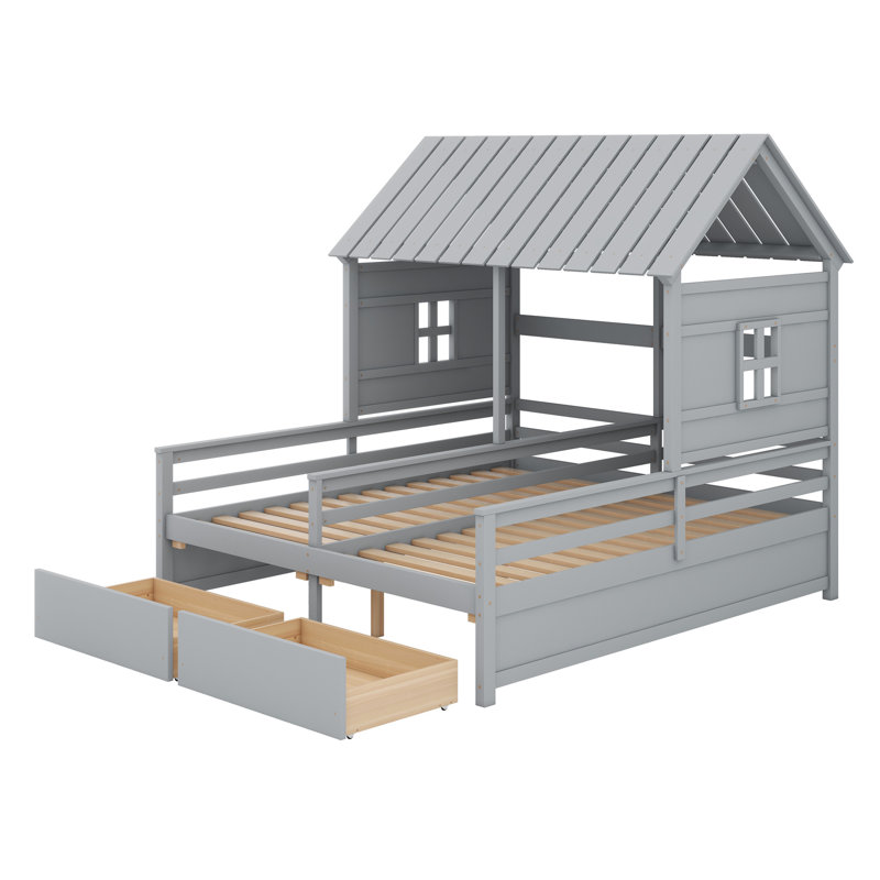 Lit plateforme House avec deux tiroirs, combinaison de 2 lits côte à côte, Grey